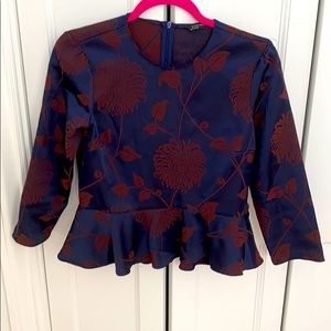 Zara peplum navy and rust coloured patterned top